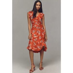 NWT By Anthropologie V-Neck Ruched Ruffle Floral Midi Dress Size 14 Red #9G507